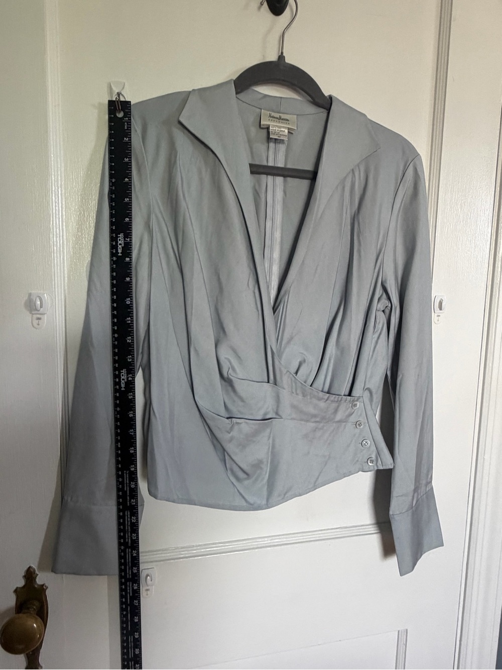 Neiman Marcus Light Gray Draped Wrap-Style Blouse